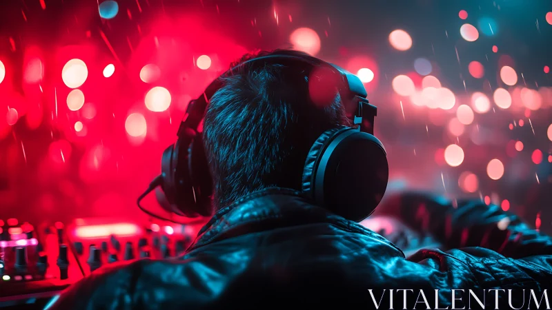 DJ commands neon-lit club deck under electric rain.