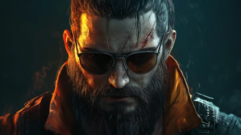 Scarred bearded antihero glares through smoke and neon light