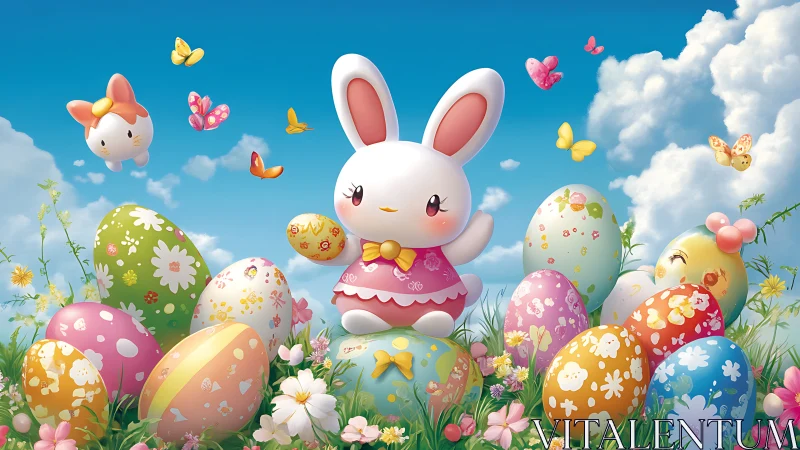 Cute cartoon bunny surrounded by decorated Easter eggs.