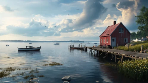 Red Boathouse on Serene Coastal Bay with Moored Boats