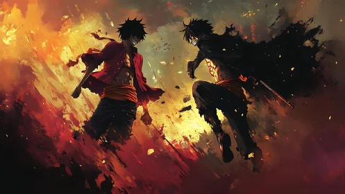 Dual cloaked warriors locked in midair clash amid firestorm