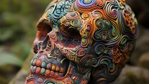 Psychedelic spiral skull sculpted from swirling twilight clay.