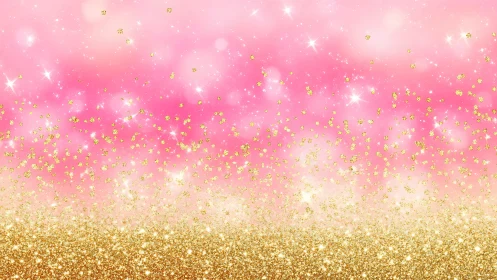 Gold glitter dust cascades over soft pink bokeh sky