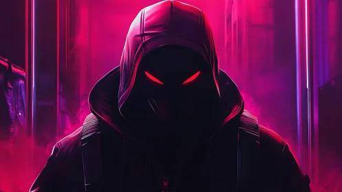 Neon hooded figure glows with intense red eyes in mist