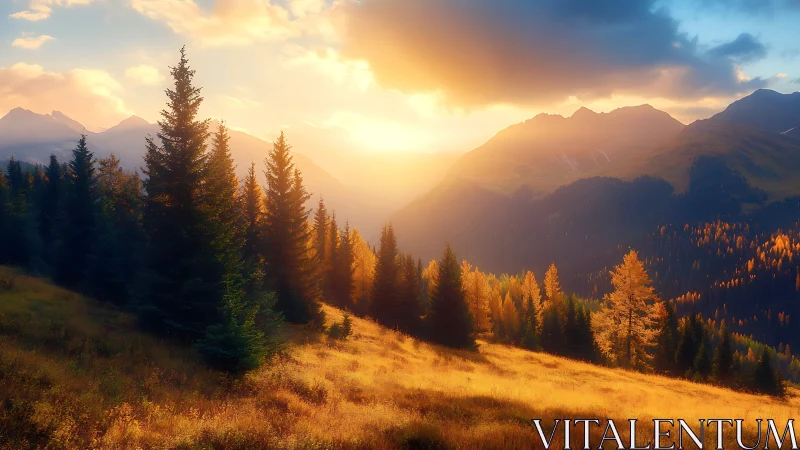 Sunlit conifer hillside above layered mountain valley.