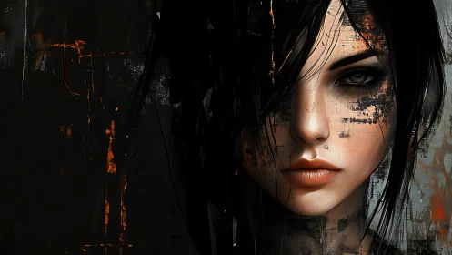 Fragmented cyber portrait of woman amid abstract decay.