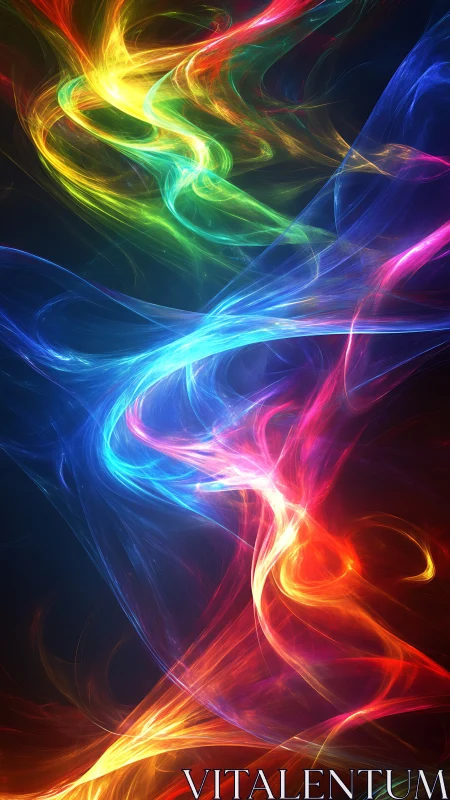 Multicolored luminous wisps on dark abstract digital field.