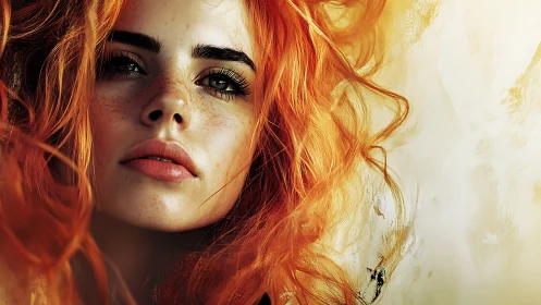 Cinematic close-up portrait of red-haired woman in warm light