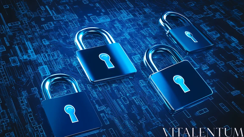 Four chrome padlocks secure glowing digital circuit grid.