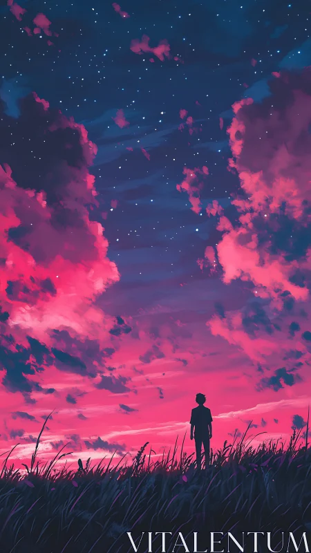 Silhouette observing magenta dusk sky under starfield gradient