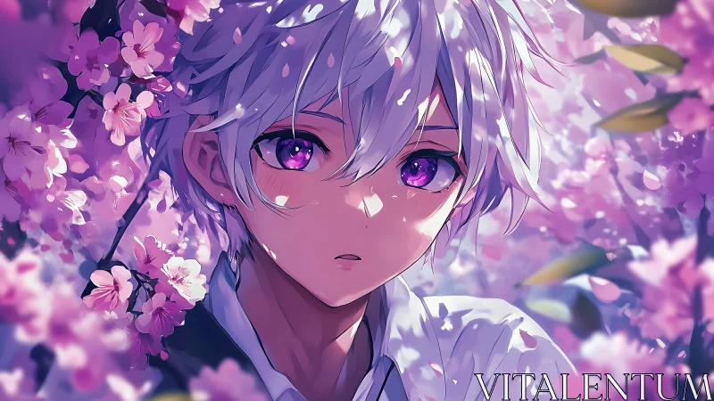 White haired anime youth amid dense pink blossom canopy.