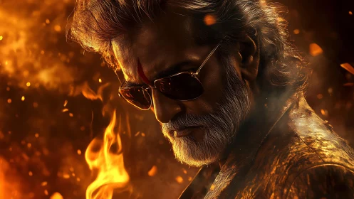 Brooding silver‑haired man stands defiant amid blazing fire