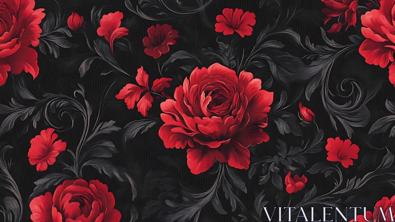 Lush Red Roses Dance Among Black Vines in Elegant Floral Design