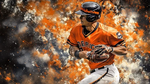 Baseball player sprints forward through explosive orange shards