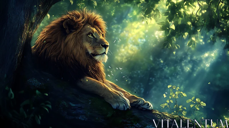 Majestic lion resting in glowing, enchanted forest light.