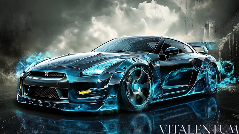 Electric neon sports car surging through storm cityscape.