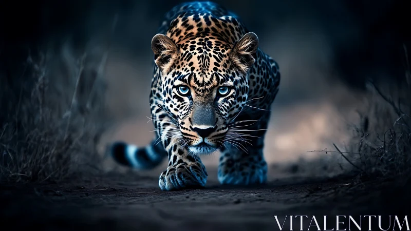 Leopard walking forward with intense blue eyes and spotted coat