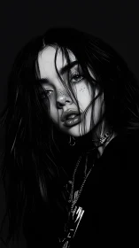 Monochrome portrait depicts young woman in high contrast lighting