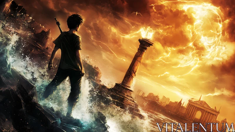 Stormlit shore hero gazes toward a blazing mythic sky.