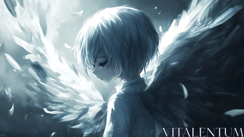 Moonlit angelchild draped in luminous wings of solitude.