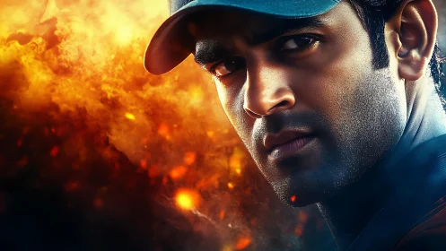 Intense male portrait against cinematic fiery background.