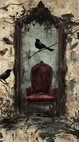 Gothic throne vignette with corvid perches and decayed frame.