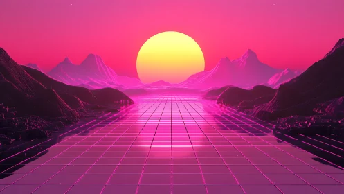 Neon horizon grids reflect retrofuturistic sun over wireframe mountains