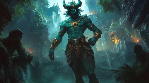 Armored horned titan dominates misty overgrown temple ruins