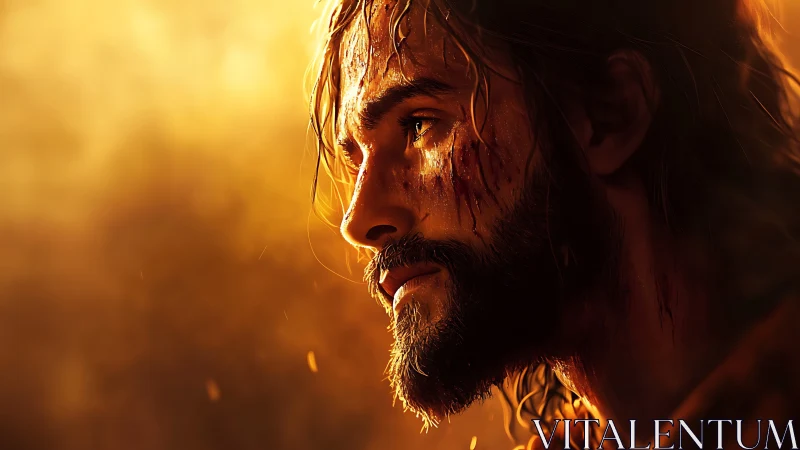 Battle-worn man in golden light studies horizon silently