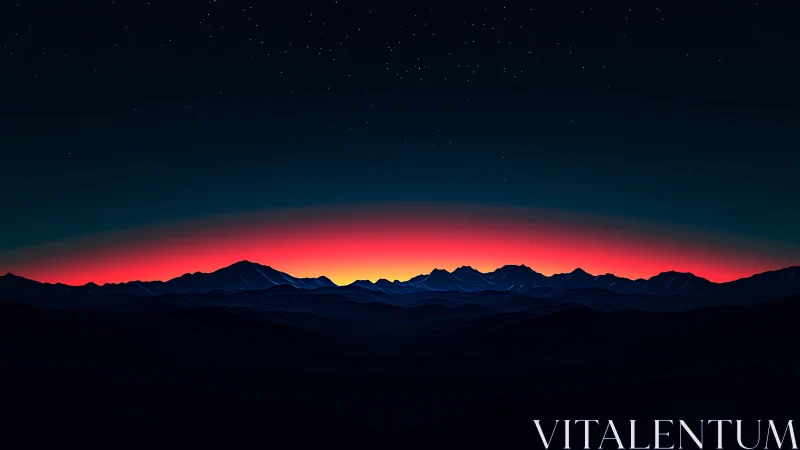 Nocturnal mountain ridge under neon-red twilight horizon