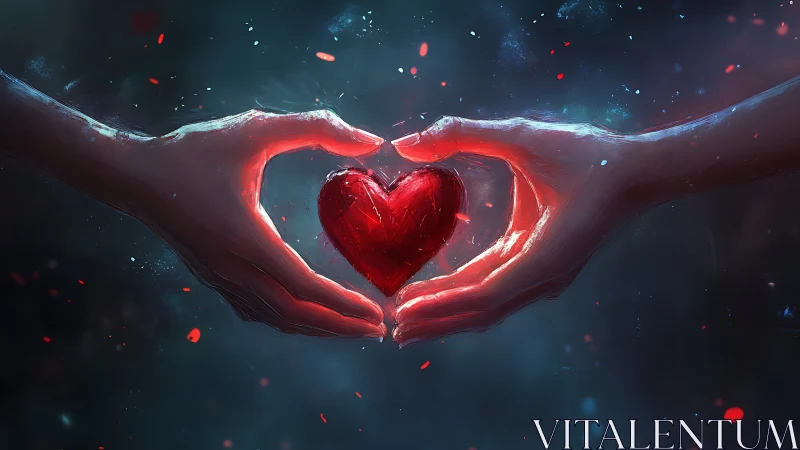 Glowing Heart Held Between Hands in Cosmic Space.