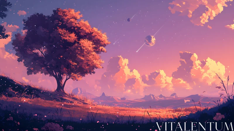 Solitary tree in stylized twilight landscape with planets.