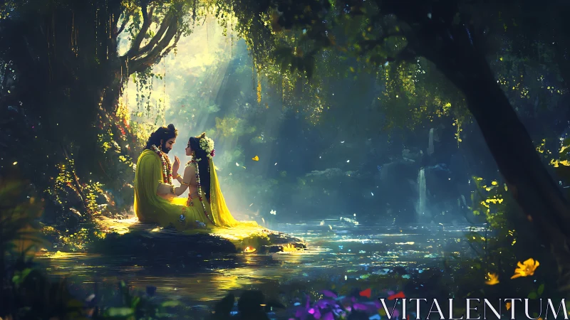 Divine couple by luminous forest river in soft dusk light.