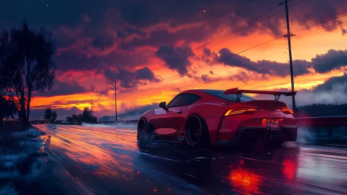 Red sports car on wet highway under vivid sunset sky.