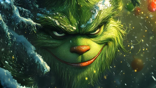 Green furry mischief figure in snowy cinematic close-up portrait