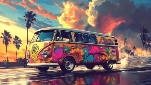 Chromatic surf-van cruising under hyper-saturated sunset sky.