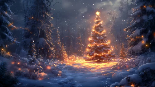 Illuminated fir tree in snowy forest at night time.