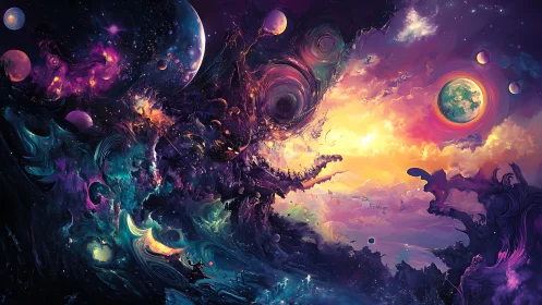 Cosmic stormscape swirling through neon dream galaxies.