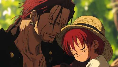 Sunlit pirate bond glows as mentor and child share quiet joy