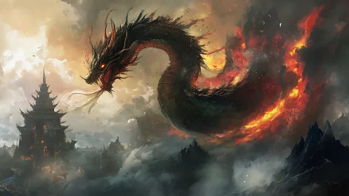 Infernal dragon storms burning temple over shattered peaks.