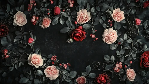 Floral arrangement with roses and foliage on dark background.