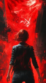 Crimson storm swirls as a lone hero confronts the unknown