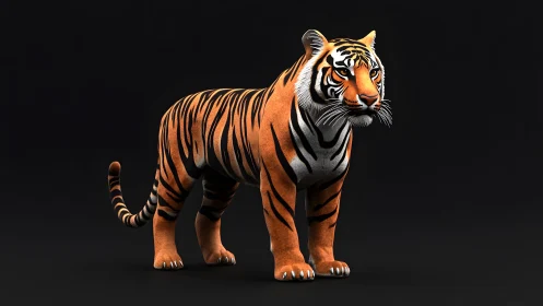 Realistic 3D Render of a Standing Tiger on a Black Background.