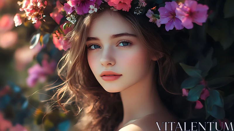 Young woman with floral crown gazes softly into camera