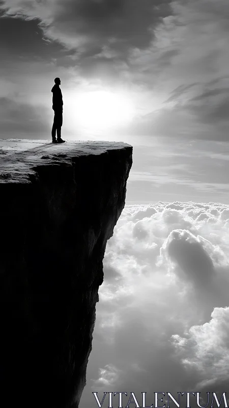 Silhouetted figure on sheer cliff edge above luminous clouds.