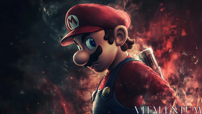 Intense red-capped hero amid swirling embers and smoke.