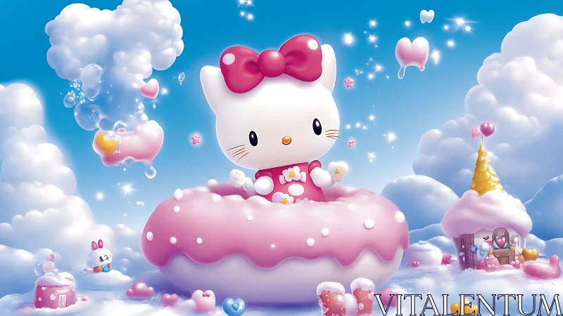 Cute white cat sits in floating pink donut cloud world