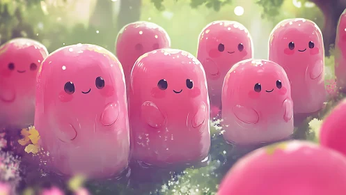 Adorable Pink Creatures Spreading Joy in an Enchanted Garden.