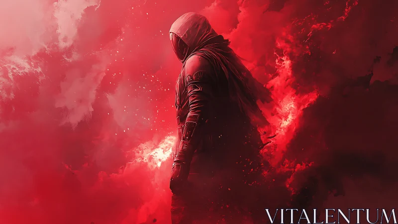 Hooded figure in red atmospheric digital environment.