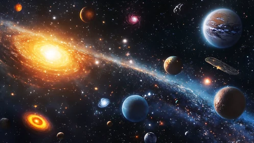Galactic panorama with glowing spiral core and orbiting worlds.